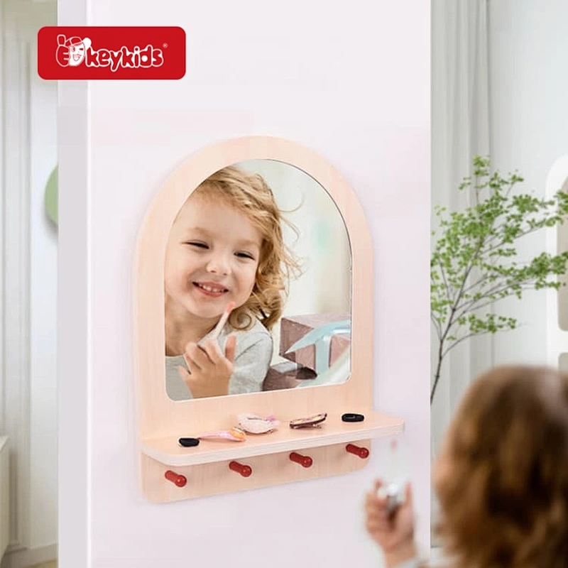 2026 Arched Wooden Wall-Mounted Makeup Mirror with Shelf and Hooks, Montessori Pretend Play Vanity Mirror for Kids W10L222